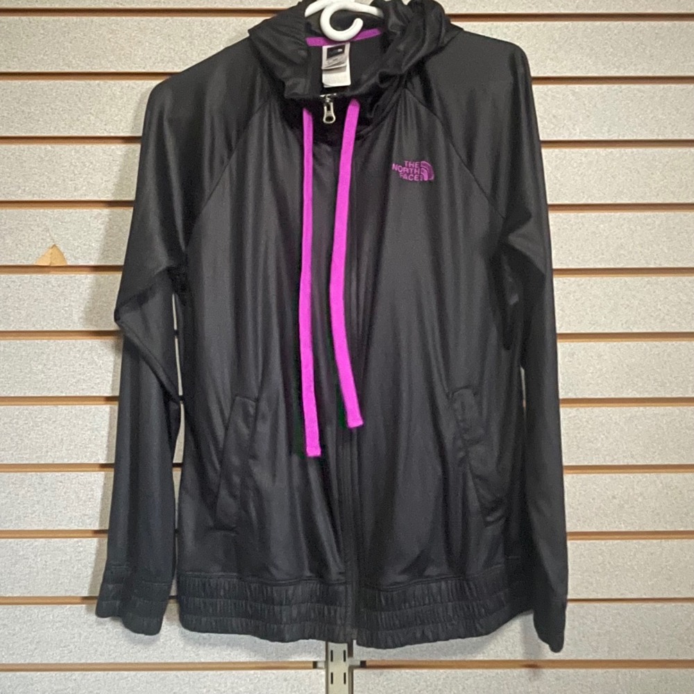 The North Face Womens Full Zip Hoodie Black Purple Logo Raglan Jacket Medium